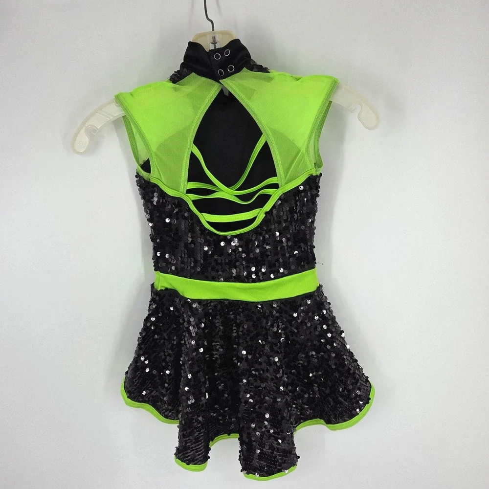 Weissman Black Neon Green Sequin Dance Costume Leotard Peplum MC Jazz Tap